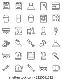 thin line vector icon set - vacuum cleaner vector, bucket, kettle, scales, oven, blender, air conditioner, fridge, washer, coffee maker, hood