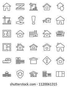 thin line vector icon set - house hold vector, school building, measuring, dry cargo, hospital, home, attention sign, cottage, barn, plan, love, construction crane, protect, mall, window