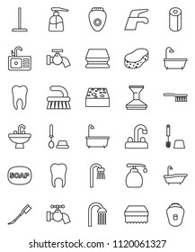 thin line vector icon set - soap vector, water tap, fetlock, mop, sponge, car, bath, toilet brush, liquid, paper, shower, sink, tooth, epilator