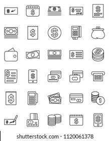 thin line vector icon set - credit card vector, cash, coin stack, check, receipt, dollar calendar, money, wallet, reader, tap pay