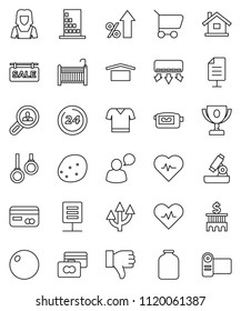 thin line vector icon set - cleaner woman vector, jar, potato, microscope, award cup, credit card, percent growth, bank building, heart pulse, fitball, t shirt, gymnast rings, dry cargo, finger down