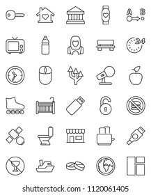 thin line vector icon set - toilet vector, cleaner woman, toaster, apple fruit, bank, roller Skates, heart monitor, water bottle, no alcohol sign, fastfood, earth, satellite, ship, clock, route, tv