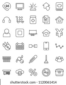thin line vector icon set - plunger vector, cookbook, constellation, calendar, yen sign, no smoking, satellite, phone 24, truck trailer, trolley, music hit, mobile, headphones, monitor, group, hub