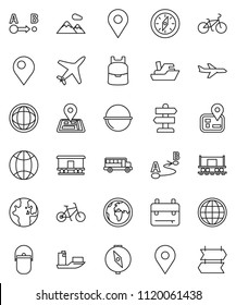 thin line vector icon set - camping cauldron vector, backpack, compass, school bus, world, bike, signpost, navigator, earth, map pin, Railway carriage, plane, ship, route, globe, mountain
