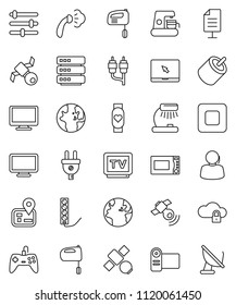 thin line vector icon set - steaming vector, mixer, microwave oven, table lamp, world, heart monitor, navigator, earth, satellite, support, satellitie, tv, notebook pc, stop button, rca, cloud lock