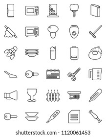 thin line vector icon set - soap vector, rake, scoop, washing powder, cleaning agent, plates, measuring cup, rolling pin, microwave oven, mushroom, document, shuttlecock, calendar, glass, battery