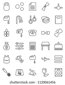 thin line vector icon set - shower vector, skimmer, mixer, copybook, backpack, calculator, document, money bag, cereals, hoop, gymnast rings, plane, tulip, weight, satellitie, classic phone, connect