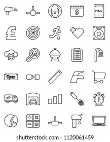 thin line vector icon set - water tap vector, skimmer, bbq, ruler, alarm clock, pie graph, dollar calendar, pound, heart cross, run, sorting, internet, connect, cloud exchange, connection, mailbox