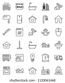 thin line vector icon set - vacuum cleaner vector, mop, bath, house hold, sink, chalet, sold signboard, office building, relocation truck, love home, dishwasher, fridge, mixer, coffee maker, oven