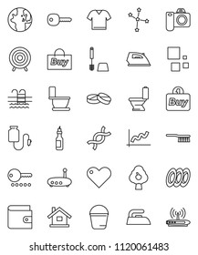 thin line vector icon set - fetlock vector, bucket, iron, toilet, brush, plates, oil, world, constellation, graph, wallet, target, pool, heart, dna, pills, drop counter, router, loading, key, house