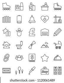 thin line vector icon set - welcome mat vector, toilet, apron, dish, pencil, student, bell, annual report, pound, roller Skates, link, group, battery, heart cross, dropper, broken bone, sperm, barn
