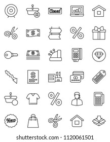thin line vector icon set - laptop graph vector, crisis, target, barcode, gift, credit card, cash, new, closed, shopping bag, percent, mall, support, reader, cashbox, receipt, basket, home, coupon
