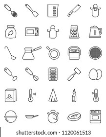 thin line vector icon set - camping cauldron vector, pan, kettle, measuring cup, apron, towel, cook timer, whisk, skimmer, spatula, ladle, knife, meat hammer, grater, turk coffee, microwave oven