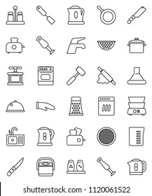 thin line vector icon set - water tap vector, sink, pan, kettle, colander, measuring cup, cook glove, press, spatula, knife, rolling pin, meat hammer, grater, double boiler, spices, blender, sieve