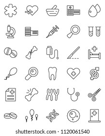 thin line vector icon set - school building vector, ambulance star, heart pulse, cross, vial, gender sign, dna, magnifier, syringe, scissors, scalpel, broken bone, stethoscope, pills, mortar, sperm