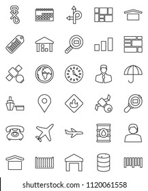 thin line vector icon set - route vector, earth, map pin, plane, satellite, phone, support, client, sea container, clock, calendar, port, consolidated cargo, umbrella, dry, no hook, warehouse