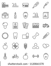 thin line vector icon set - cereal vector, mushroom, potato, oil, apple fruit, barbell, bike, fitness mat, cereals, breads, pool, bone, hoop, doctor bag, thermometer, dropper, patch, anamnesis