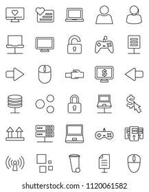 thin line vector icon set - trash bin vector, notebook pc, monitor dollar, cursor, heart, support, top sign, network, server, lan connector, share, arrow, loading, document, user, unlock, wireless