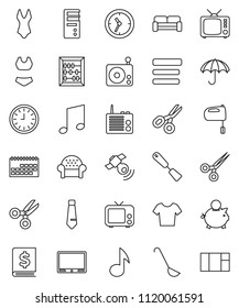 thin line vector icon set - spatula vector, ladle, mixer, scissors, abacus, music, piggy bank, annual report, clock, tie, swimsuite, t shirt, calendar, umbrella, radio, satellitie, tv, menu, window
