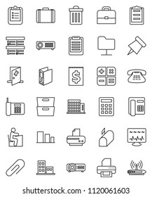 thin line vector icon set - trash bin vector, student, case, clipboard, paper pin, archive, exam, binder, receipt, sorting, classic phone, diagnostic monitor, medical room, network folder, mailbox