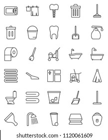 thin line vector icon set - scraper vector, cleaner trolley, broom, mop, scoop, bucket, sponge, towel, trash bin, window cleaning, bath, toilet, drying clothes, liquid soap, paper, shower, tooth
