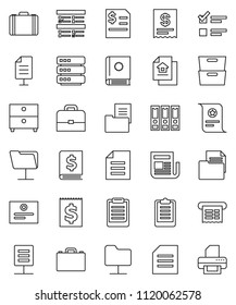 thin line vector icon set - case vector, clipboard, certificate, document, archive, exam, annual report, binder, receipt, newspaper, network folder, big data, estate, catalog, printer