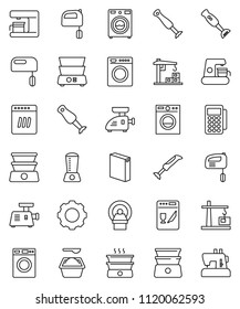 thin line vector icon set - washer vector, washing powder, mixer, double boiler, blender, tomography, gear, construction crane, card reader, dishwasher, coffee maker, meat grinder, sewing machine