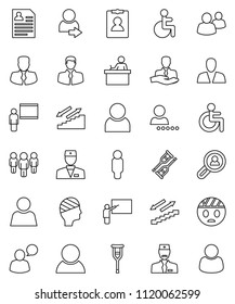 thin line vector icon set - blackboard vector, student, manager, man, personal information, stairways run, client, speaking, group, disabled, doctor, crutches, head bandage, user, login, search