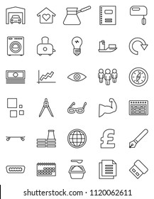 thin line vector icon set - washing powder vector, turk coffee, toaster, copybook, pen, drawing compass, glasses, schedule, graph, cash, man, pound, muscule hand, skateboard, ship, calendar, hdmi