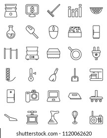 thin line vector icon set - plunger vector, broom, vacuum cleaner, scoop, rake, sponge, pan, colander, cook press, double boiler, thermometer, notebook pc, flask, monitor dollar, horizontal bar