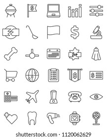 thin line vector icon set - towel vector, ladle, bbq, microscope, flag, receipt, dollar, sign, heart monitor, bone, plane, phone, calendar, equalizer, internet, notebook pc, cross, eye, tooth, cart