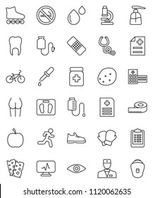 thin line vector icon set - liquid soap vector, potato, microscope, diet, measuring, scales, clipboard, bike, buttocks, snickers, boxing glove, roller Skates, breads, no smoking, run, doctor, eye