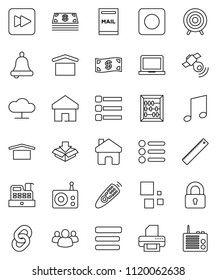 thin line vector icon set - ruler vector, bell, notebook pc, abacus, music, target, dry cargo, radio, satellitie, remote control, group, forward button, rec, cloud network, menu, home, loading, lock
