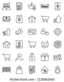 thin line vector icon set - cart vector, japanese candle, percent growth, dollar, target, gift, credit card, cash, money bag, closed, shopping, mall, customer, barcode, reader, cashbox, receipt