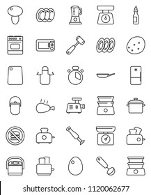 thin line vector icon set - plates vector, pan, camping cauldron, scales, apron, cook timer, ladle, meat hammer, cutting board, toaster, double boiler, egg, mushroom, potato, chicken leg, oil