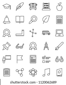 thin line vector icon set - book vector, graduate hat, pen, blackboard, corner ruler, drawing compass, glasses, apple fruit, atom, bell, calculator, notebook pc, clipboard, paper pin, medal, abacus