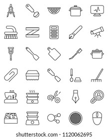 thin line vector icon set - fetlock vector, rake, sponge, car, toilet brush, pan, colander, spatula, ladle, cutting board, grater, sieve, pen, drawing compass, telescope, measuring, social media
