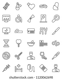 thin line vector icon set - disabled vector, heart cross, doctor, thermometer, gender sign, magnifier, syringe, crutches, scissors, scalpel, broken bone, sand clock, patch, stethoscope, pills