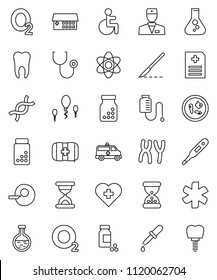 thin line vector icon set - atom vector, flask, pills vial, heart cross, first aid kit, oxygen, ambulance star, disabled, doctor, thermometer, dna, insemination, dropper, scalpel, sand clock, bottle