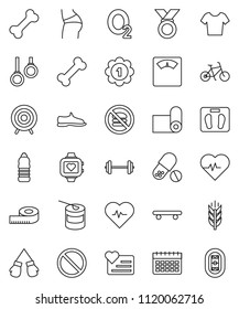 thin line vector icon set - barbell vector, measuring, scales, heart pulse, bike, buttocks, snickers, boxing glove, t shirt, skateboard, target, medal, pills, sports nutrition, monitor, water bottle