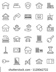 thin line vector icon set - cleaner trolley vector, fetlock, mop, car, welcome mat, iron, steaming, house hold, sink, microwave oven, school building, university, warehouse, home, key, garage