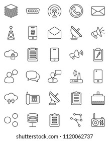 thin line vector icon set - clipboard vector, phone, satellite antenna, loudspeaker, mobile, dialog, speaking man, mail, hdmi, network, server, cloud lock, exchange, big data, router, lan connector