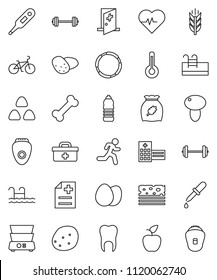 thin line vector icon set - double boiler vector, cereal, egg, mushroom, potato, apple fruit, barbell, heart pulse, bike, water bottle, cereals, breads, bone, hoop, run, doctor bag, thermometer