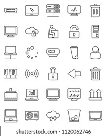 thin line vector icon set - trash bin vector, student, laptop graph, support, top sign, monitor, notebook pc, hdmi, diagnostic, server, network, cloud lock, exchange, lan connector, arrow, loading