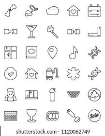 thin line vector icon set - vacuum cleaner vector, foam basin, cleaning agent, plates, shining window, woman, colander, ladle, cookbook, corner ruler, backpack, music, calendar, glass, protected