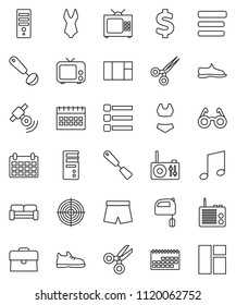 thin line vector icon set - spatula vector, ladle, mixer, glasses, scissors, music, case, calendar, dollar sign, snickers, shorts, swimsuit, target, satellite, tv, menu, cushioned furniture, radio