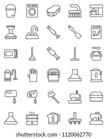 thin line vector icon set - plunger vector, vacuum cleaner, fetlock, mop, bucket, sponge, car, washing powder, rubber glove, water tap, spatula, microwave oven, blender, washer, dishwasher, mixer