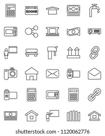 thin line vector icon set - blackboard vector, calculator, cash, money, dry cargo, top sign, film frame, link, mail, share, home, bench, water supply, fence, rooms signboard, microwave oven, camera