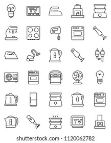 thin line vector icon set - vacuum cleaner vector, iron, kettle, oven, double boiler, blender, table lamp, tv, rca, ari condition, fridge, mixer, multi cooker, fan, bulb, fireplace