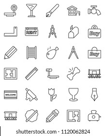 thin line vector icon set - water tap vector, splotch, welcome mat, washboard, rolling pin, chicken leg, pen, pencil, corner ruler, drawing compass, Railway carriage, glass, tulip, big scales, plan